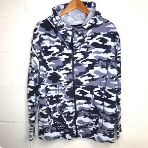 Fabletics Leah Hoodie Jacket XS Blue Camo Zip Front Gym Workout Parka Oversized